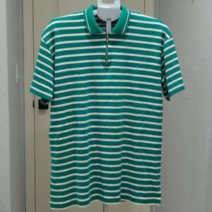 Vintage Preview International Polo Zip Teal Green White Striped Mens Medium
